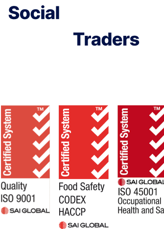 SAI Global Certification: Social Traders - unlock business for good. Quality ISO 9001, Food Safety CODEX HACCP, ISO 45001 Occupational Health and Safety